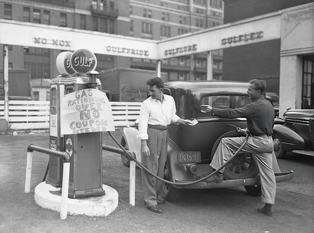 Motorists At A Service Station In Long Island City Following The End Of Gas Rationing, 1945.