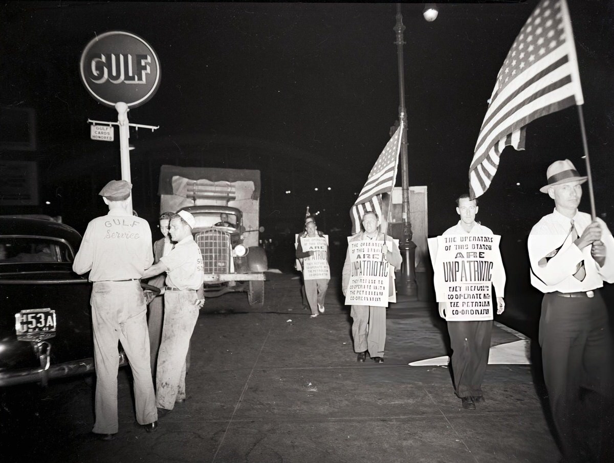 Pickets At A Gas Station Remaining Open Past Curfew At Canal And Washington Streets, New York, 1941.