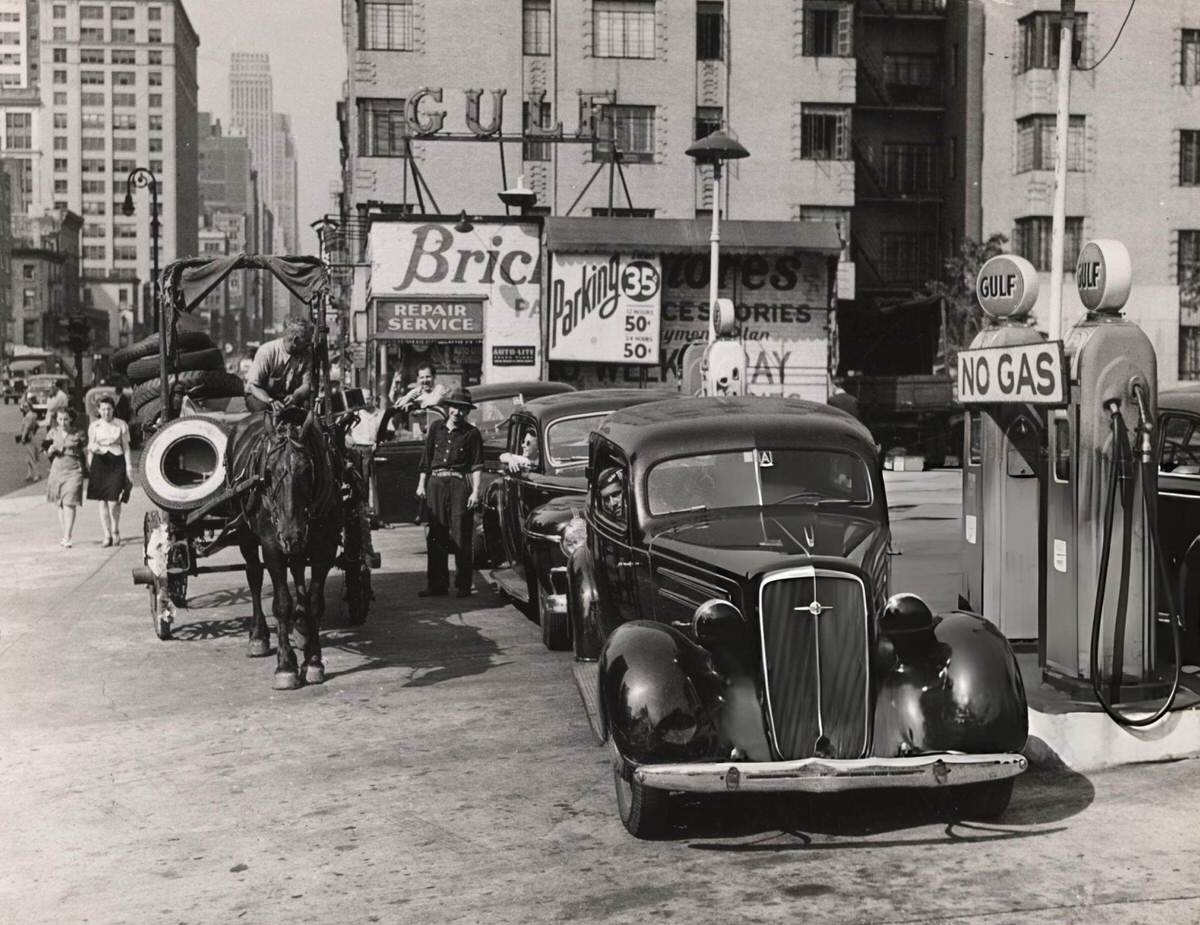 Horse And Cart Passing A Line Of Cars At A Seventh Avenue Gas Station With A &Amp;Quot;No Gas&Amp;Quot; Sign, New York, 1942.