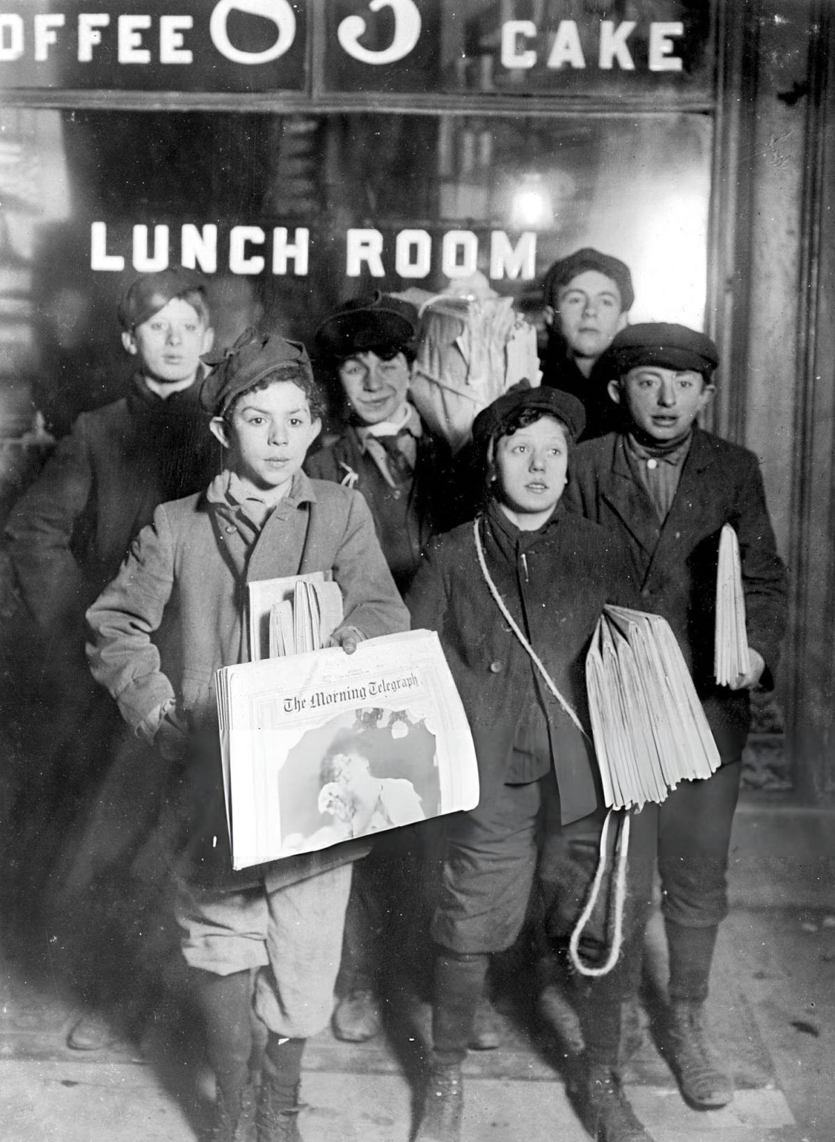 Newsboys Posing Outside A Lunch Room Near The Brooklyn Bridge In The Early Morning, New York, 1908.