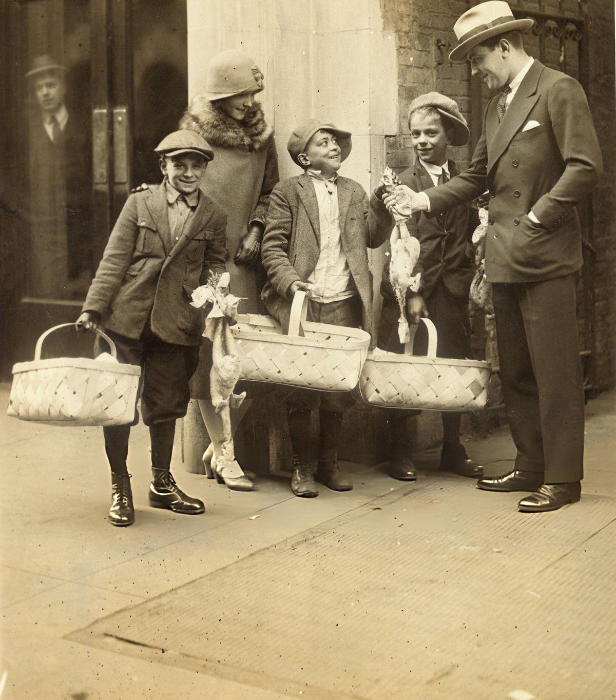 Richard Barthe Imes And Lois Moran Giving Thanksgiving Baskets To Newsboys At The Brace Memorial Home, New York, 1920S.