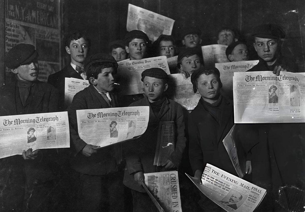 Newsboys Holding Papers At The Side Door Of The Journal Building Near The Brooklyn Bridge, New York, 1908.