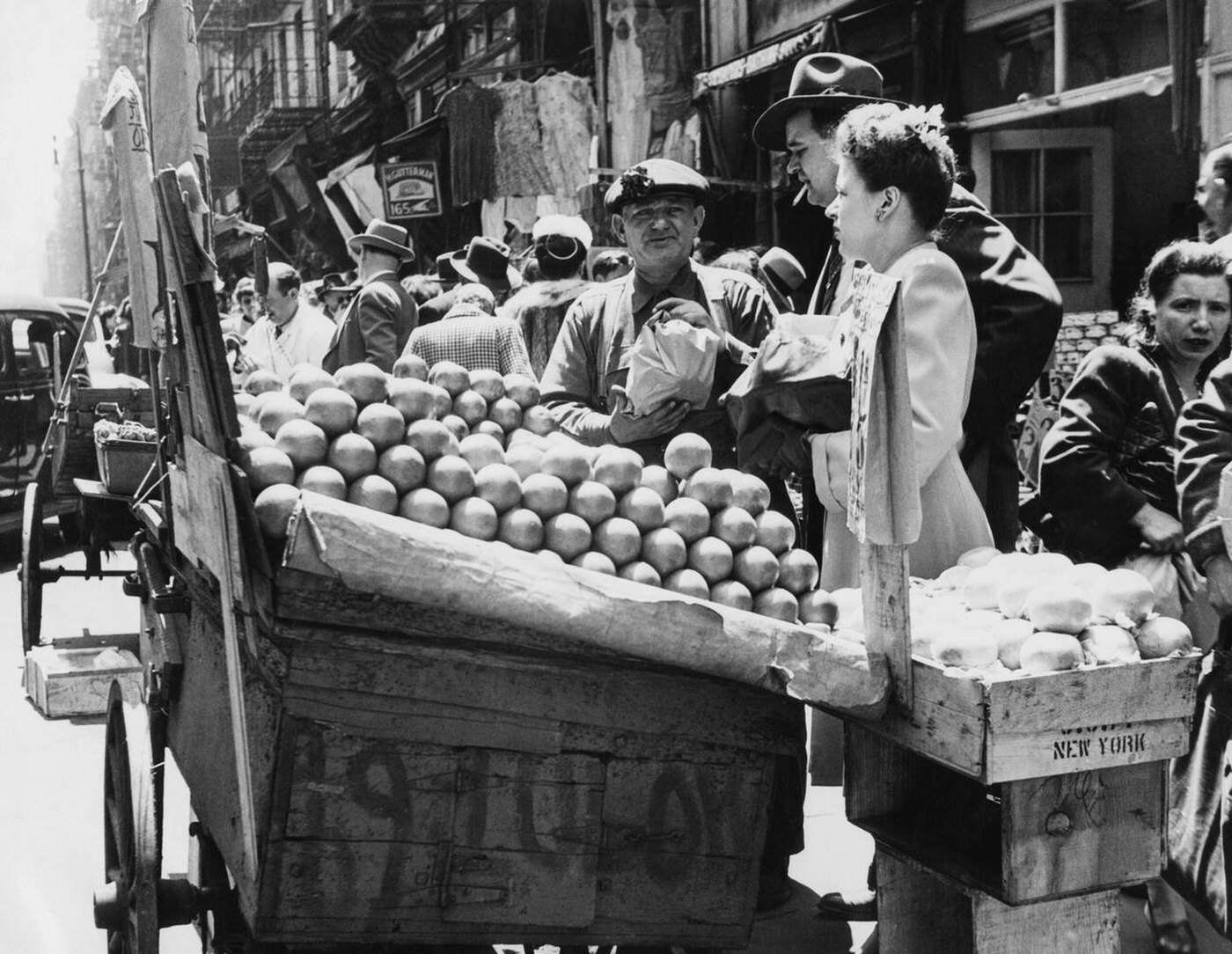 Fruit And Vegetable Pushcart Vendors On Bleecker Street, New York City, 1948