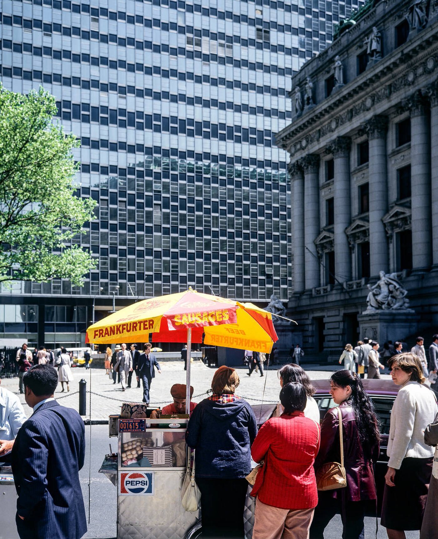 Hot Dog Seller With A Yellow Parasol And People Queuing In Manhattan, 1982