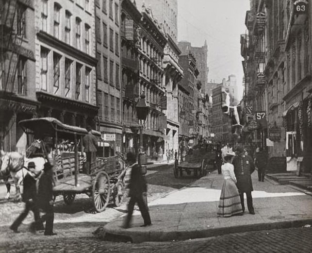 Maiden Lane With A Woman Talking To A Police Officer And Delivery Wagons On The Street, 1891