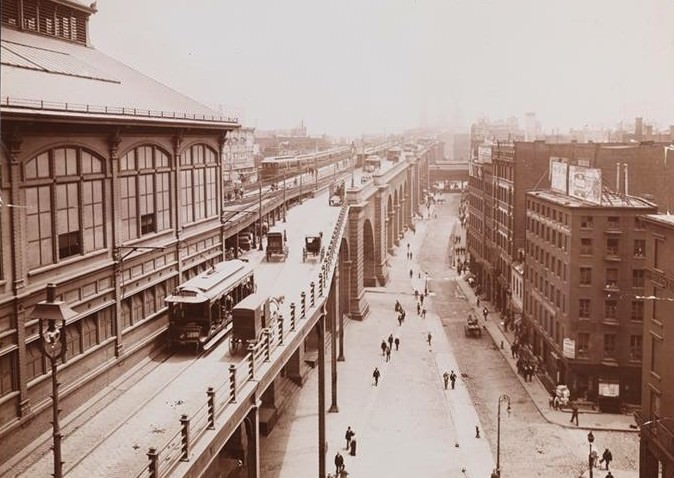 Brooklyn Bridge Near The Manhattan Entrance With Streetcars And Horse-Drawn Vehicles, 1898
