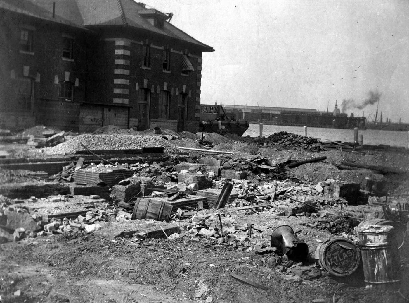 Construction Materials And Rubble Outside A Building On Ellis Island, 1907