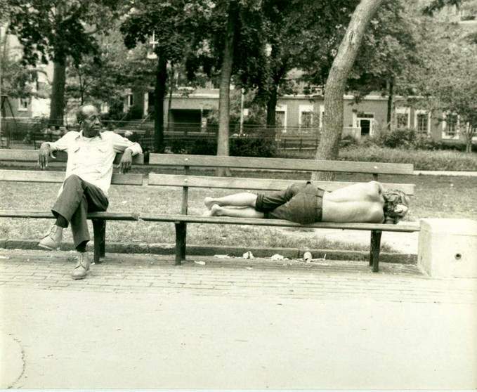 Two Men On Bench, Washington Square Park, Greenwich Village, 1977.
